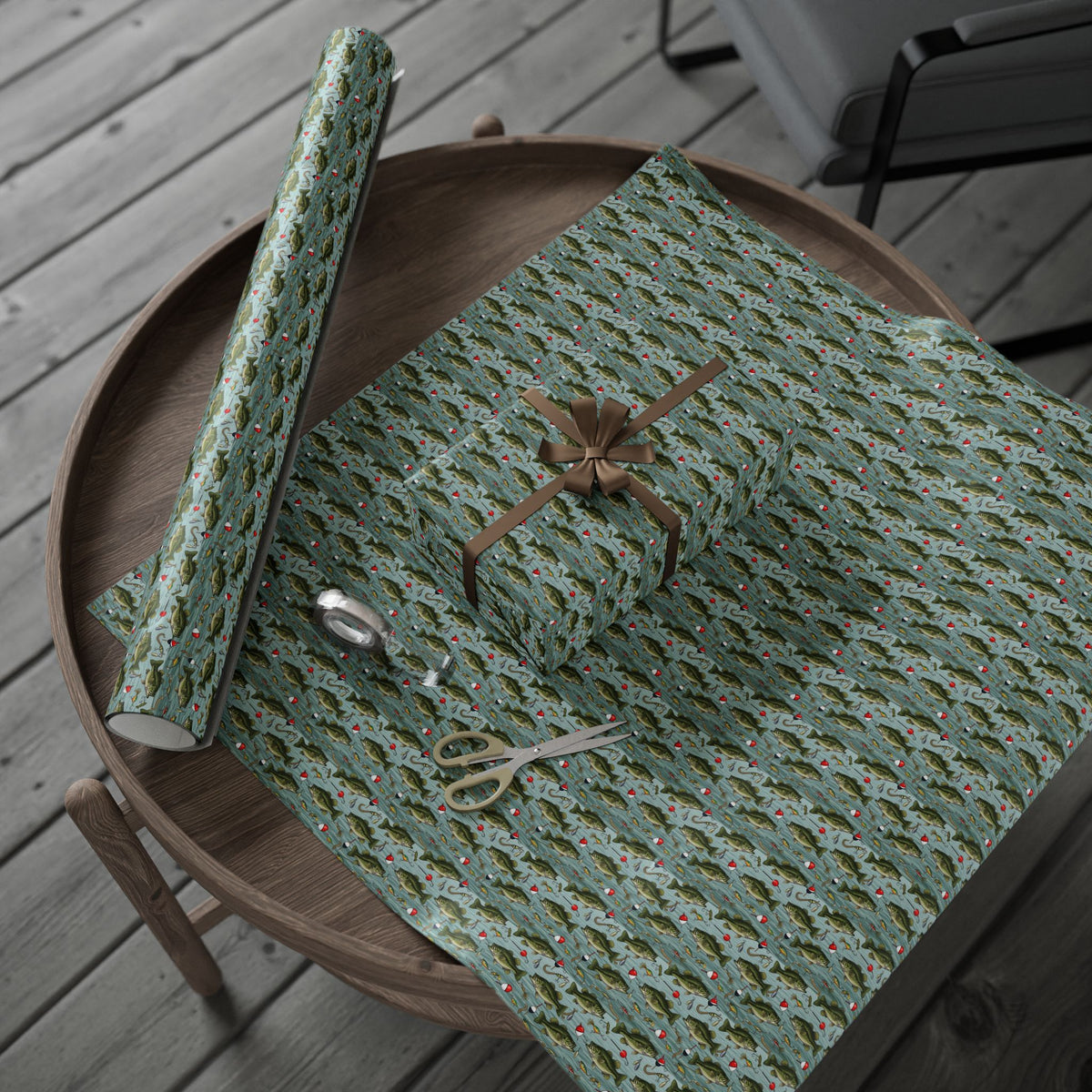 Fishing Pond Fish Pattern Wrapping Paper | Water Lily, Carp, Blue-Green Background