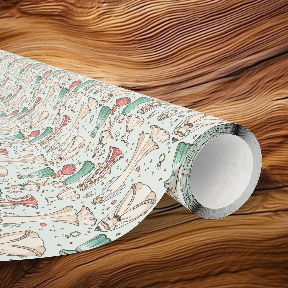 Hand-Drawn Wedding Dresses Wrapping Paper | Mushroom Pattern Gift Wrap