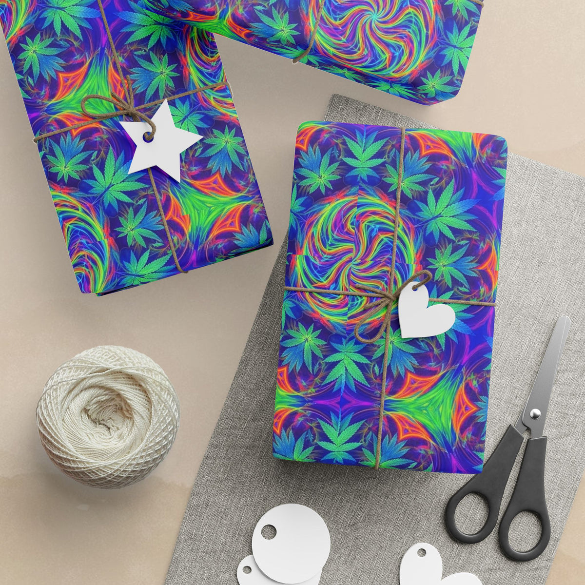 Psychedelic Cannabis Leaf Pattern Wrapping Paper | Neon Swirl Gift Wrap