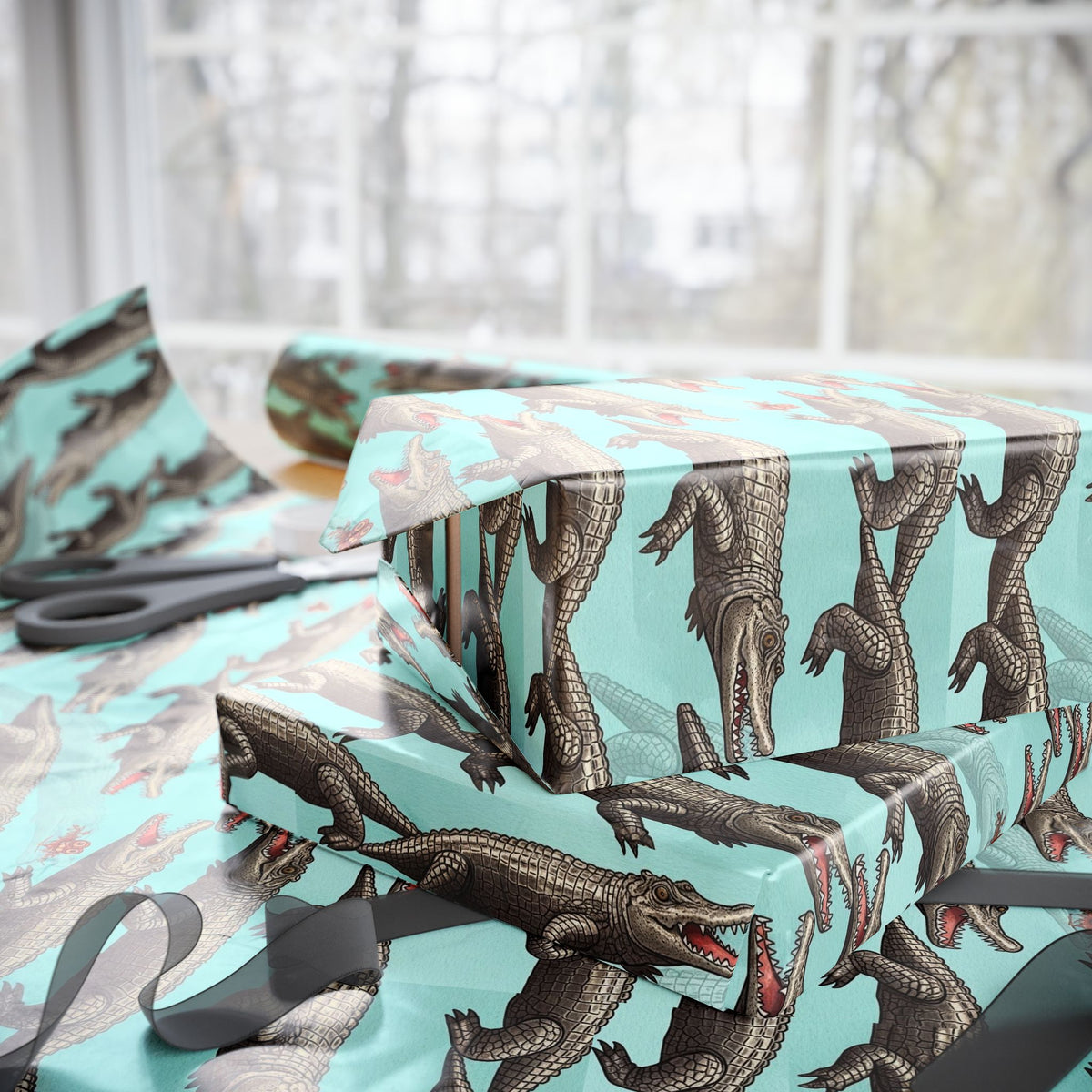 Retro Alligator Pattern Wrapping Paper | Teal Animal Print Roll