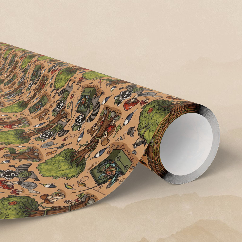 Camping Racoon Pattern Wrapping Paper | Outdoor Camper Tents Trees RVs