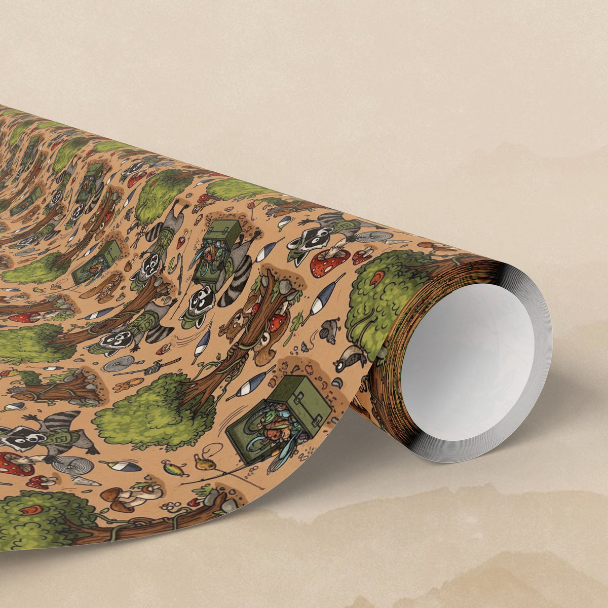 Camping Racoon Pattern Wrapping Paper | Outdoor Camper Tents Trees RVs