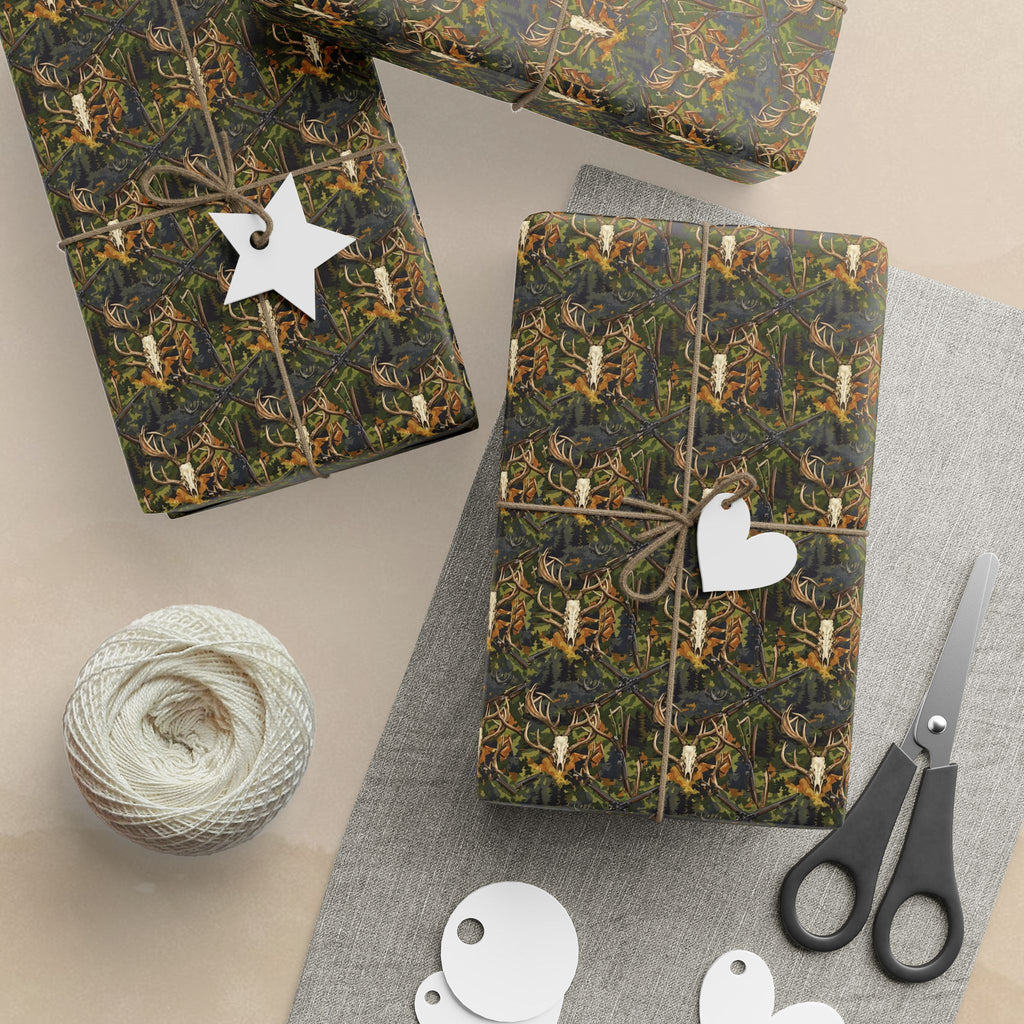 Green Autumn Leaves and Antlers Pattern Wrapping Paper | Nature Leaf Repeat