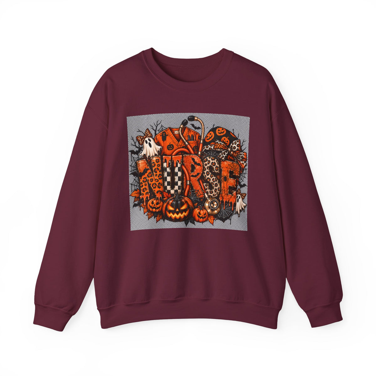 Halloween Patchwork Skull Crewneck Sweatshirt | Pumpkin Ghosts, Orange Black