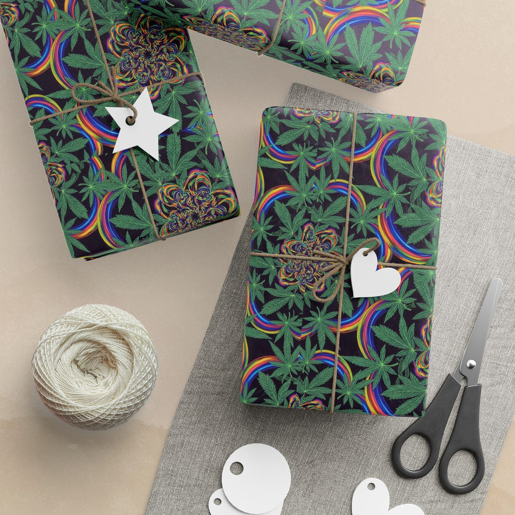 Psychedelic Cannabis Leaf Pattern Wrapping Paper | Trippy Green Floral Roll