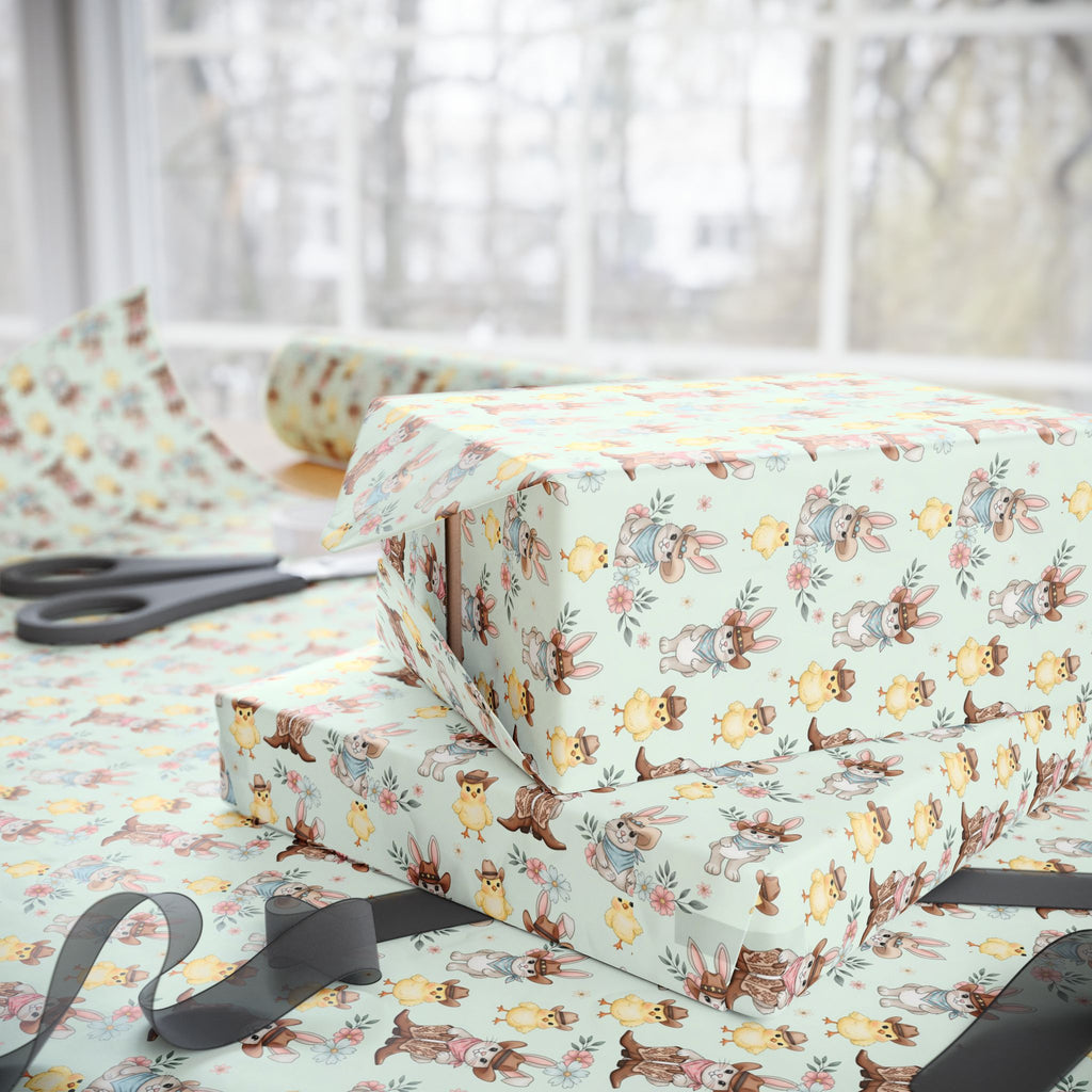 Western Bunnies Floral Wrapping Paper | Gift Wrap Roll, Pastel Bunny Pattern