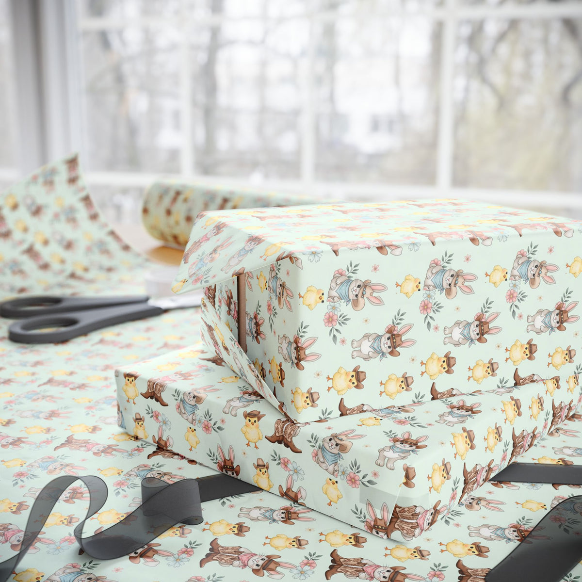 Western Bunnies Floral Wrapping Paper | Gift Wrap Roll, Pastel Bunny Pattern