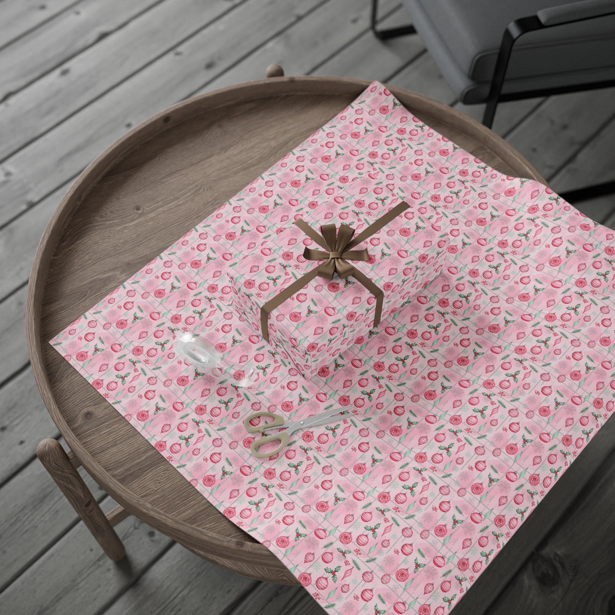 Pink Floral Ornaments Wrapping Paper | Holiday Rose Pattern