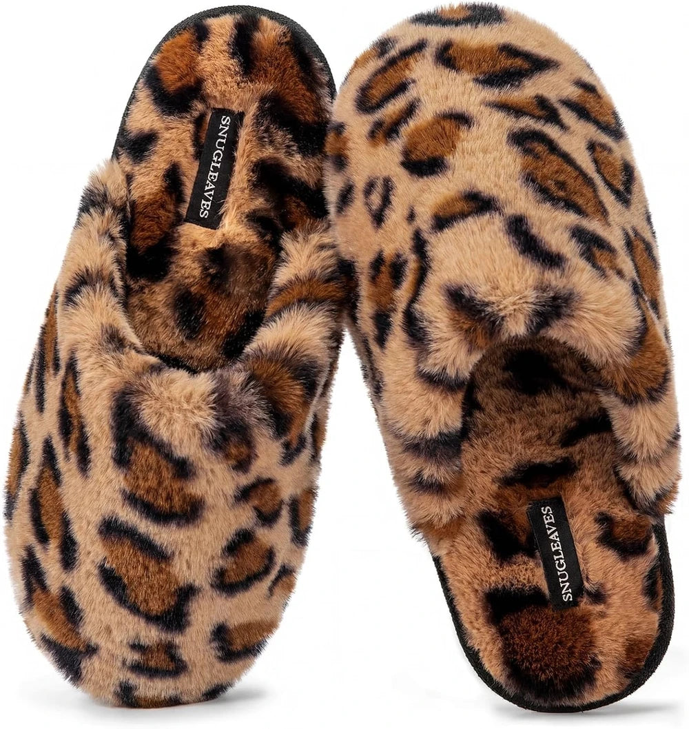 Snug Leaves Leopard Fuzzy Scuff Slippers