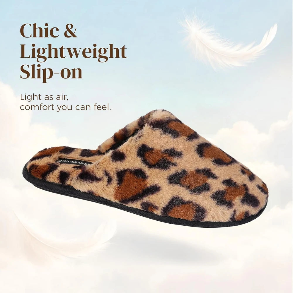 Snug Leaves Leopard Fuzzy Scuff Slippers