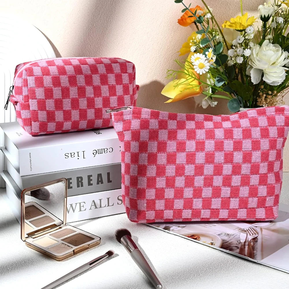 Large Checkered Canvas Makeup Bag Set