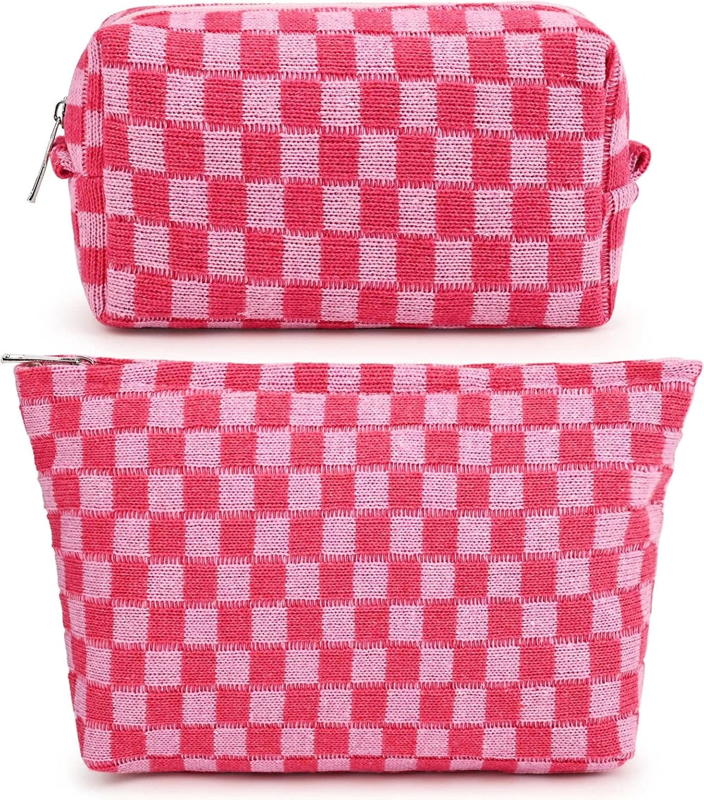 Large Checkered Canvas Makeup Bag Set