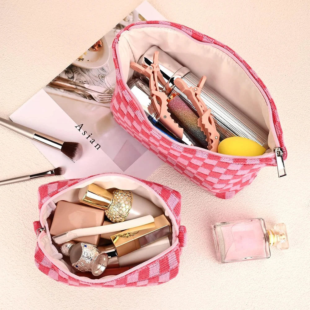 Large Checkered Canvas Makeup Bag Set