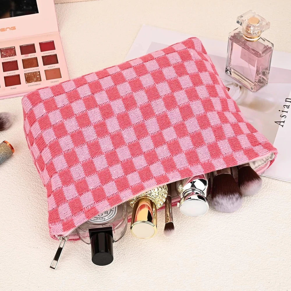 Large Checkered Canvas Makeup Bag Set