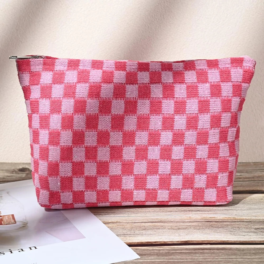 Large Checkered Canvas Makeup Bag Set