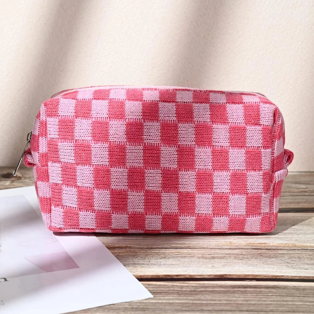 Large Checkered Canvas Makeup Bag Set