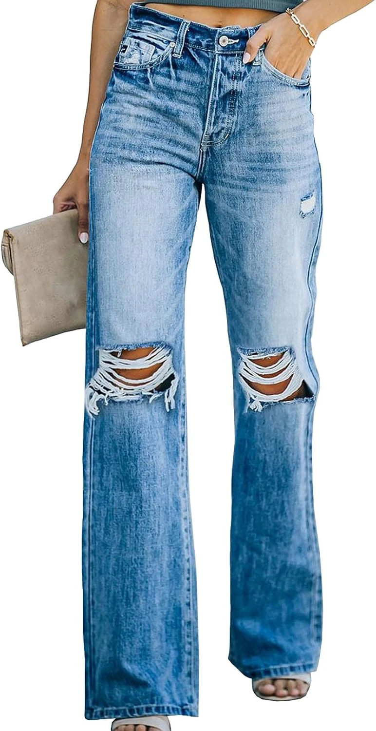 High Waisted Wide Leg Distressed Jeans