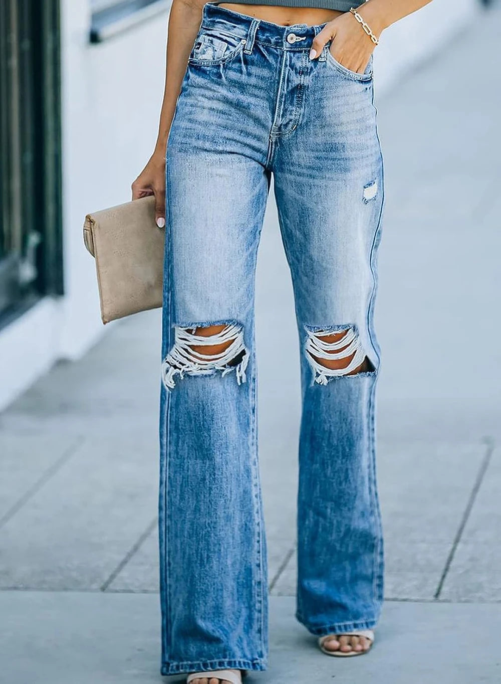 High Waisted Wide Leg Distressed Jeans