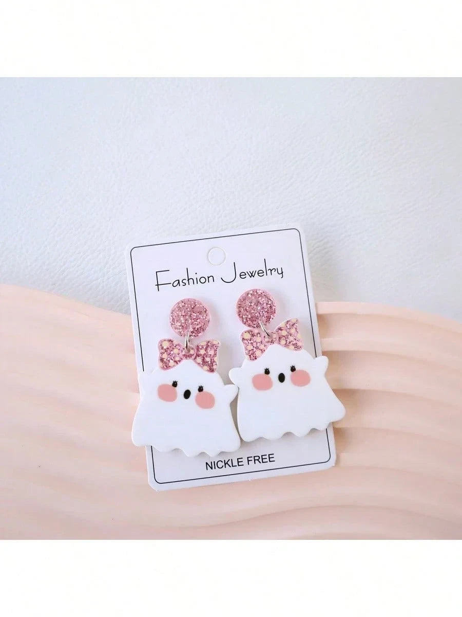 Pink Bow Ghost Drop Earrings