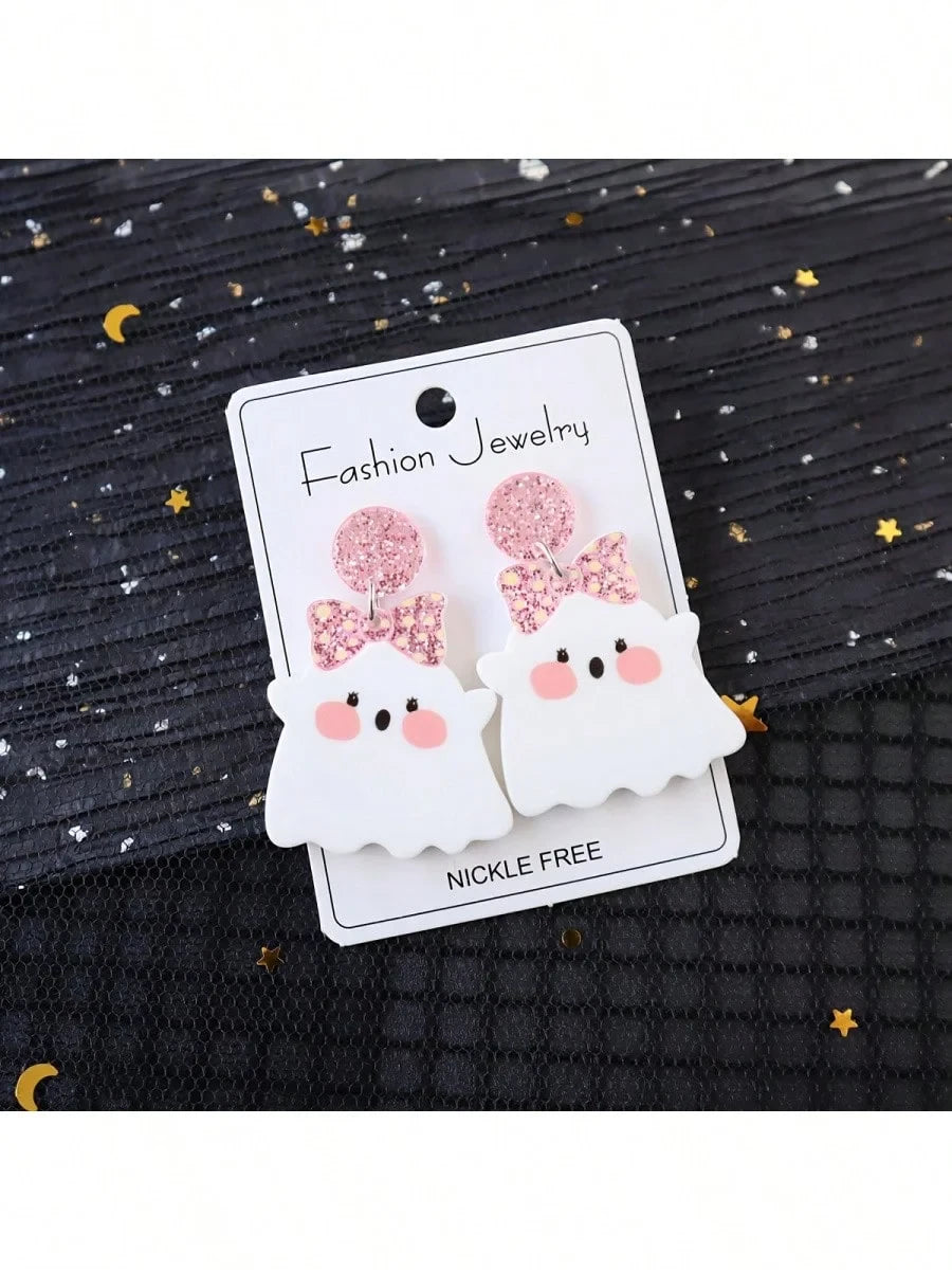 Pink Bow Ghost Drop Earrings