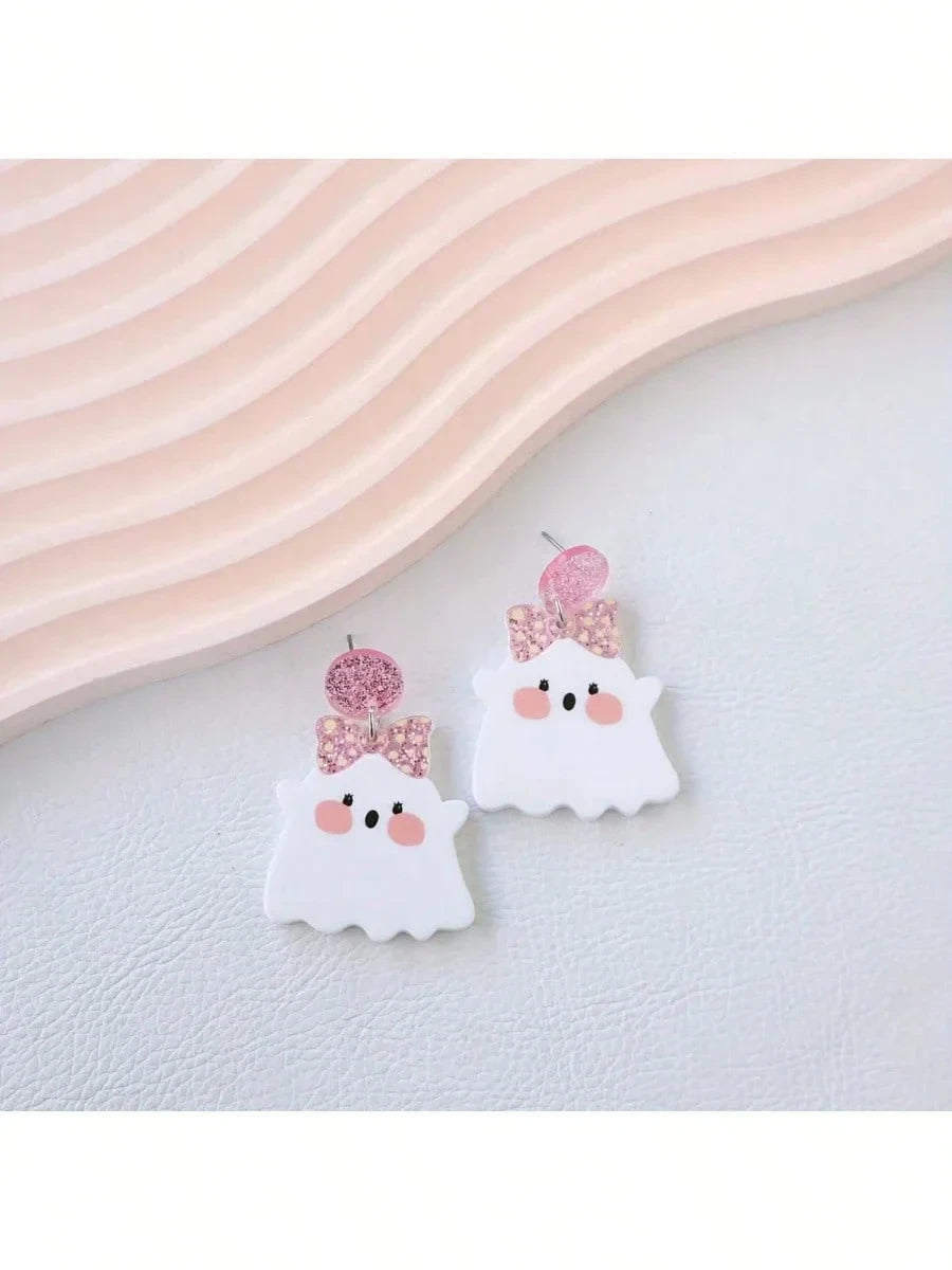 Pink Bow Ghost Drop Earrings