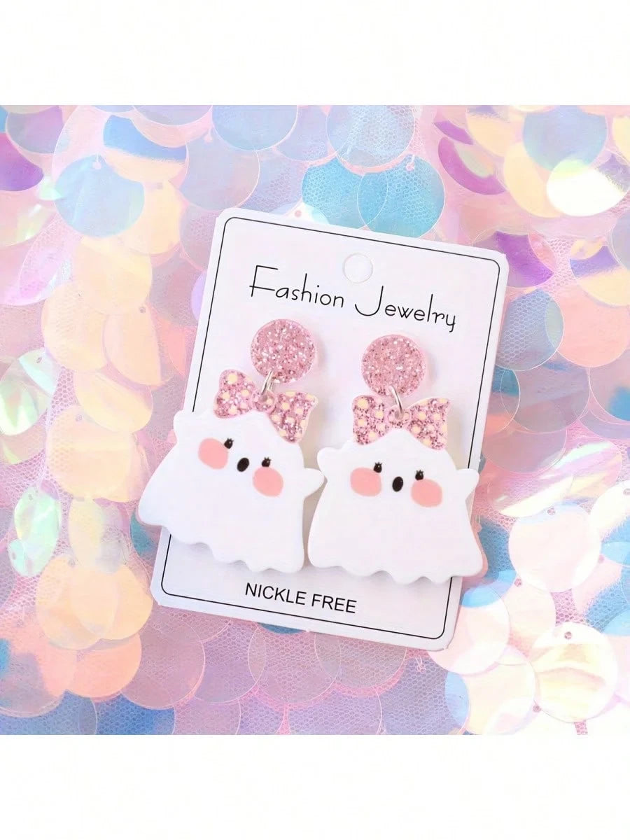 Pink Bow Ghost Drop Earrings