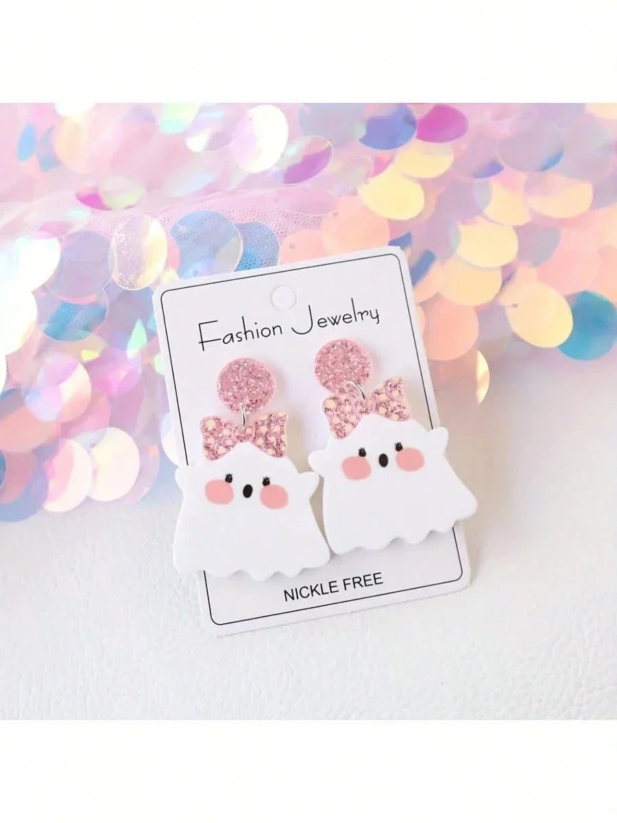 Pink Bow Ghost Drop Earrings