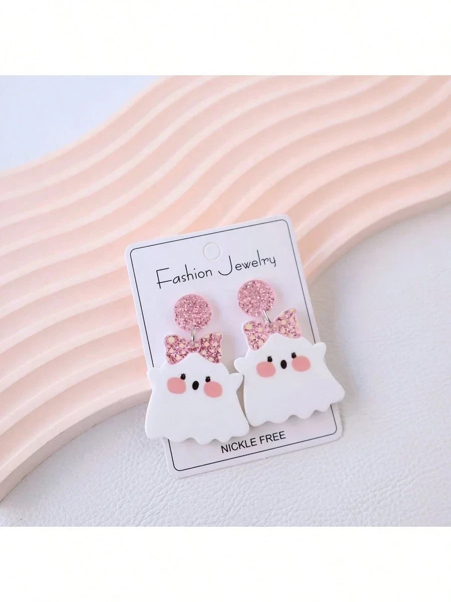 Pink Bow Ghost Drop Earrings