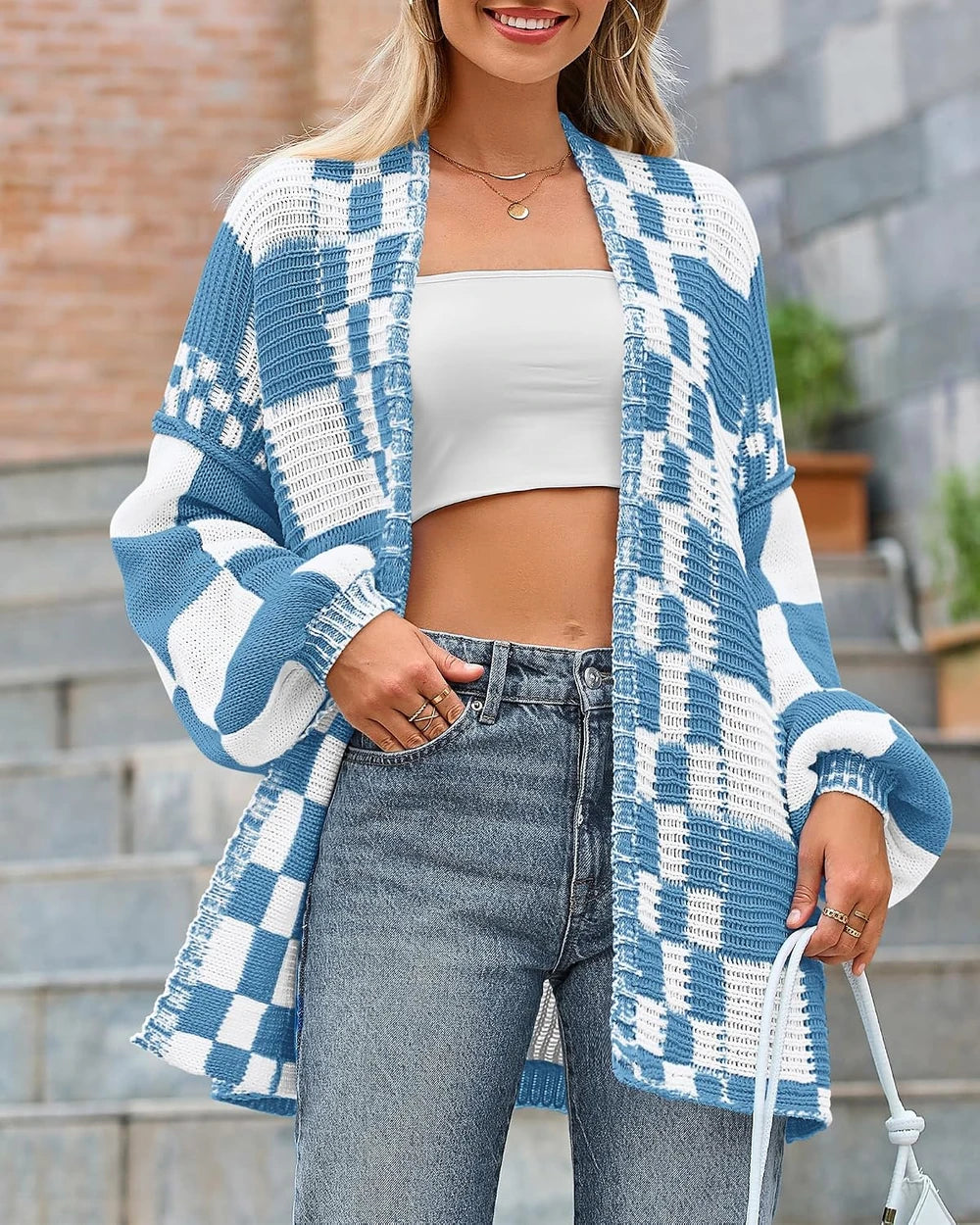 BTFBM Checkered Open Front Cardigan