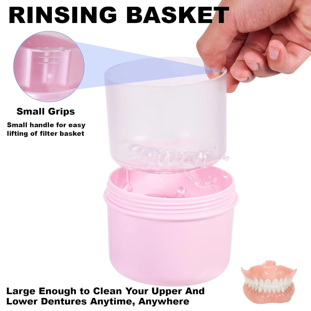 Pink Leakproof Denture Case and Soaking Cup