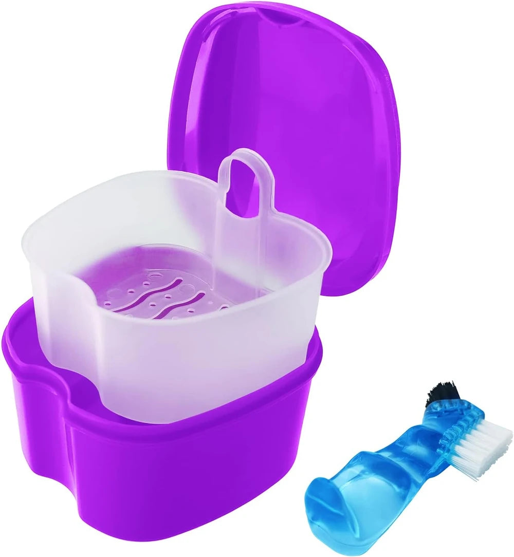Purple Travel Denture Bath Case with Brush