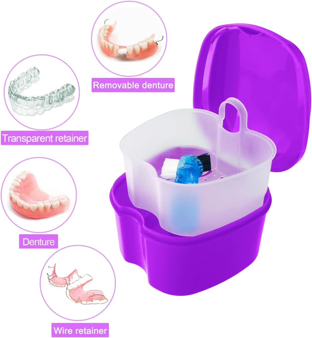 Purple Travel Denture Bath Case with Brush