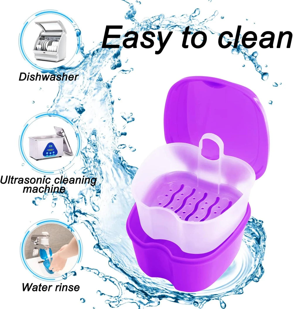 Purple Travel Denture Bath Case with Brush