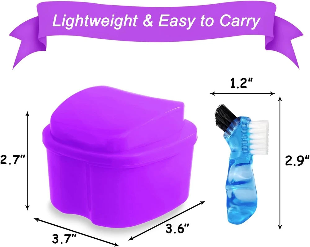 Purple Travel Denture Bath Case with Brush