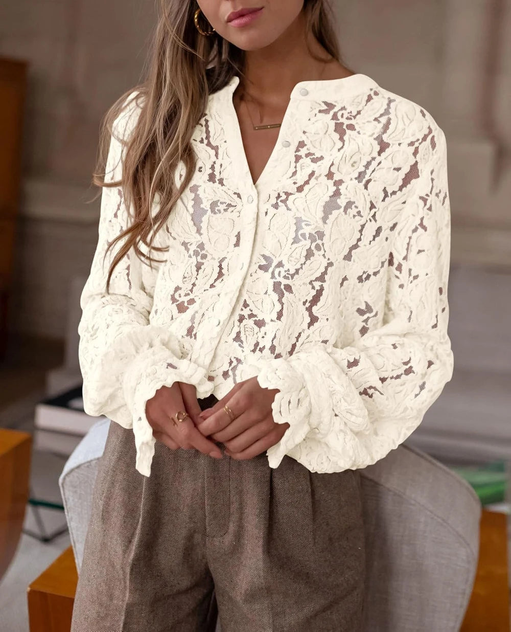 Long Sleeve Lace Work Blouse