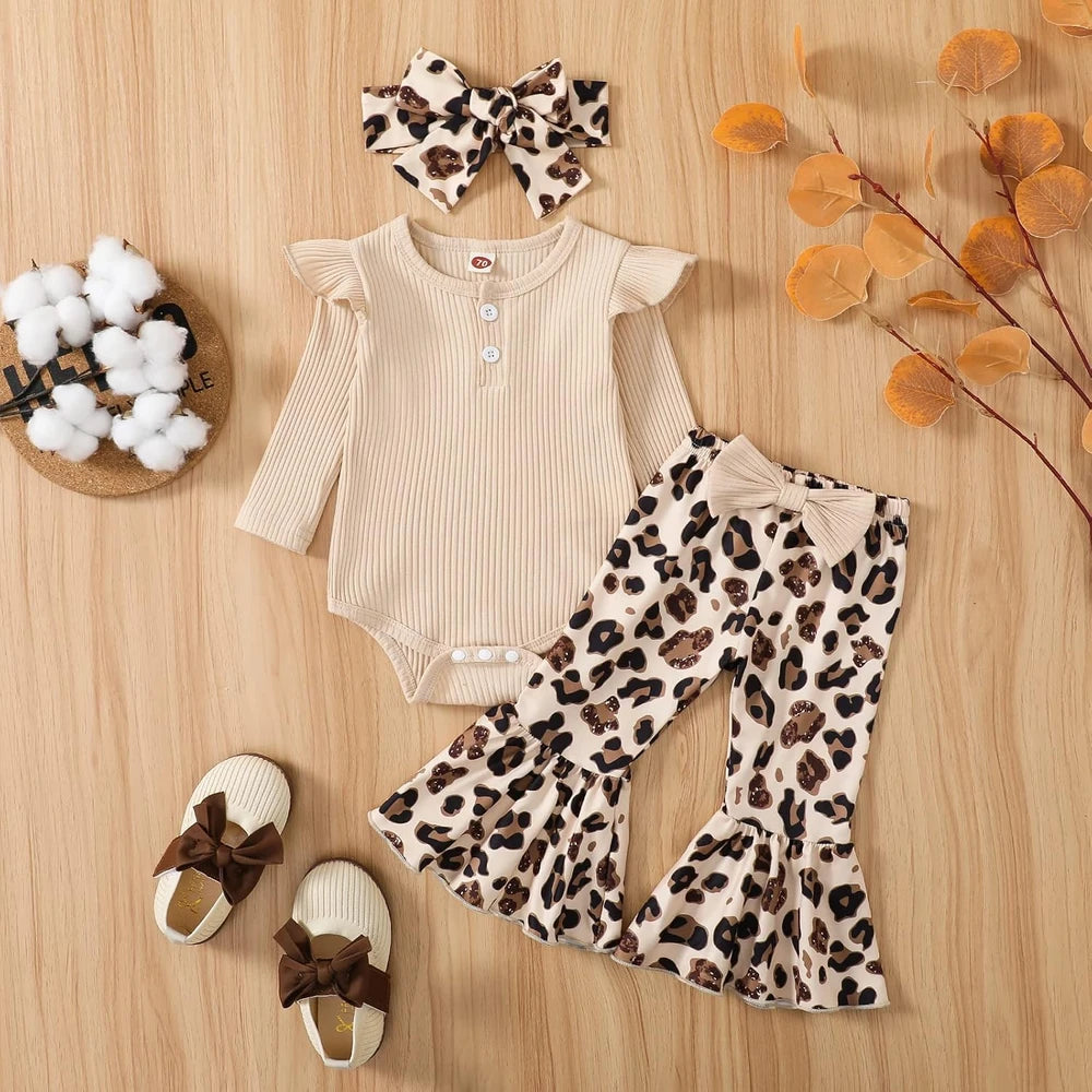 Ribbed Knit Romper Leopard Pants Set