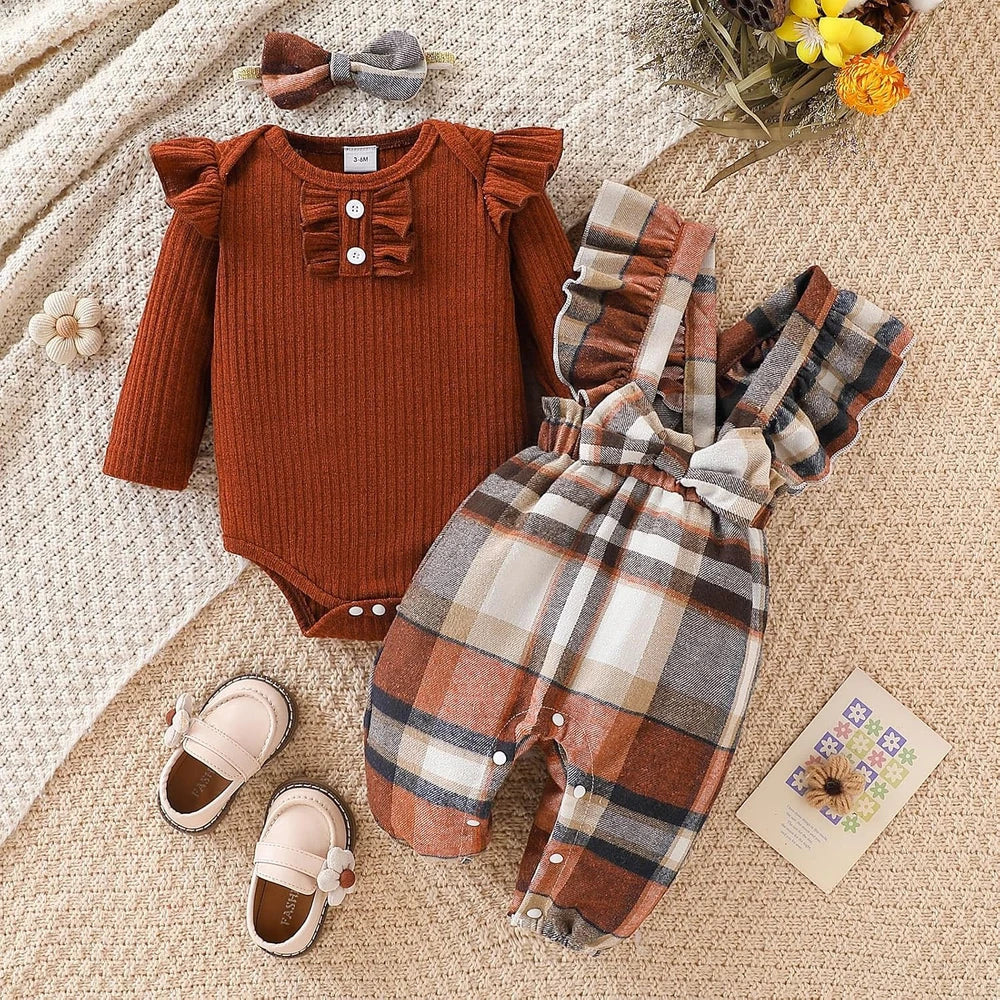 Baby Girl Plaid Overalls Outfit Set
