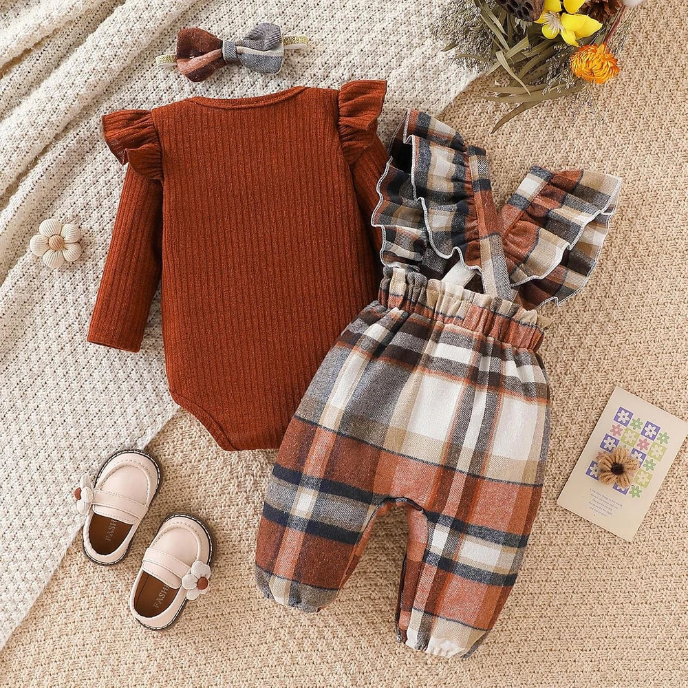 Baby Girl Plaid Overalls Outfit Set