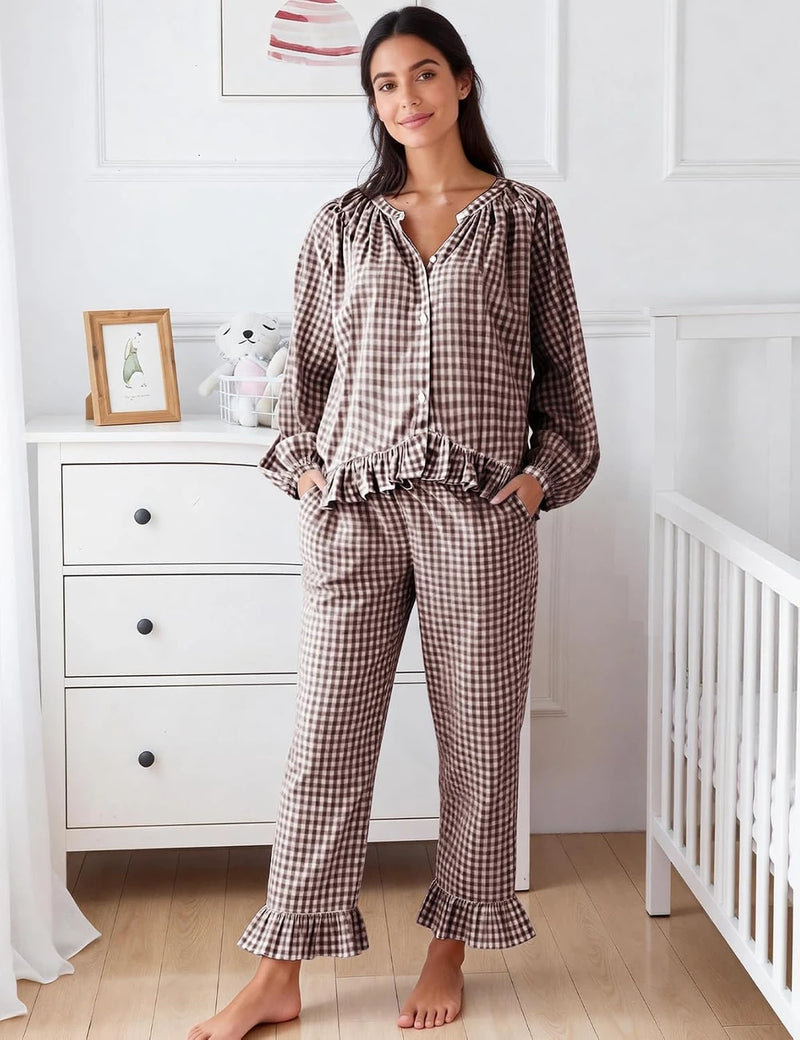 Womens Plaid Cotton Pajama Set