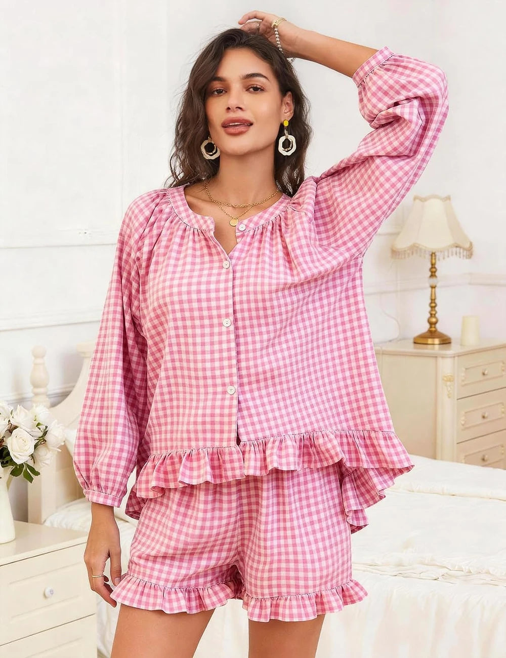 Cotton Gingham Ruffle Lounge Set