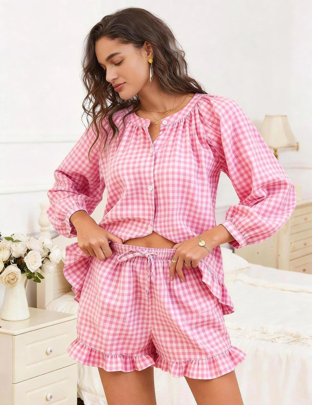 Gingham Cotton Ruffle Pajama Set