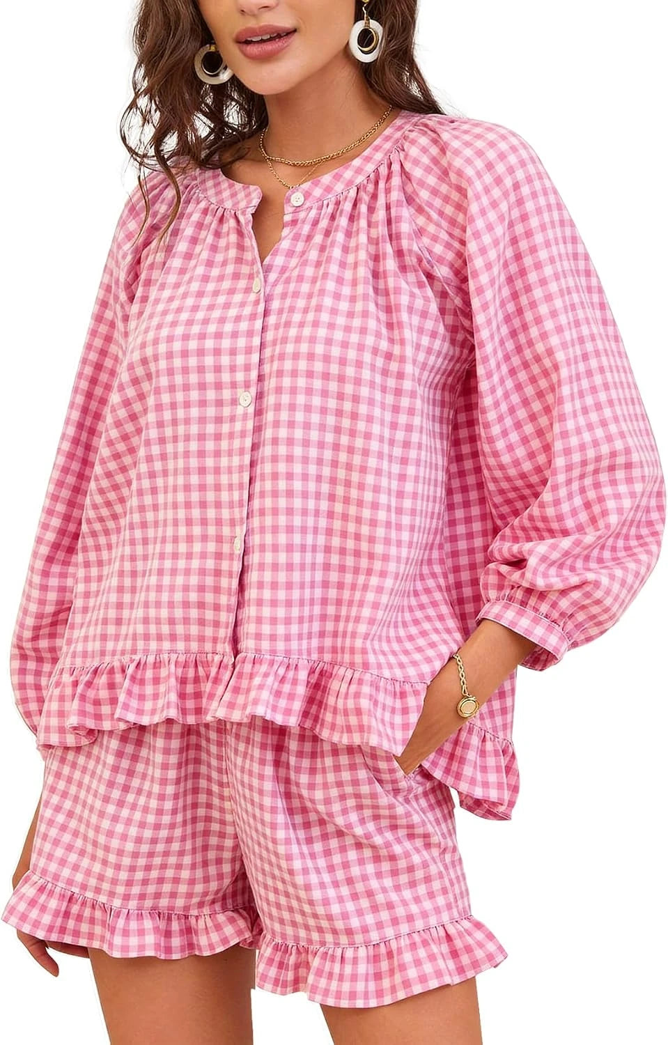 Gingham Cotton Ruffle Pajama Set