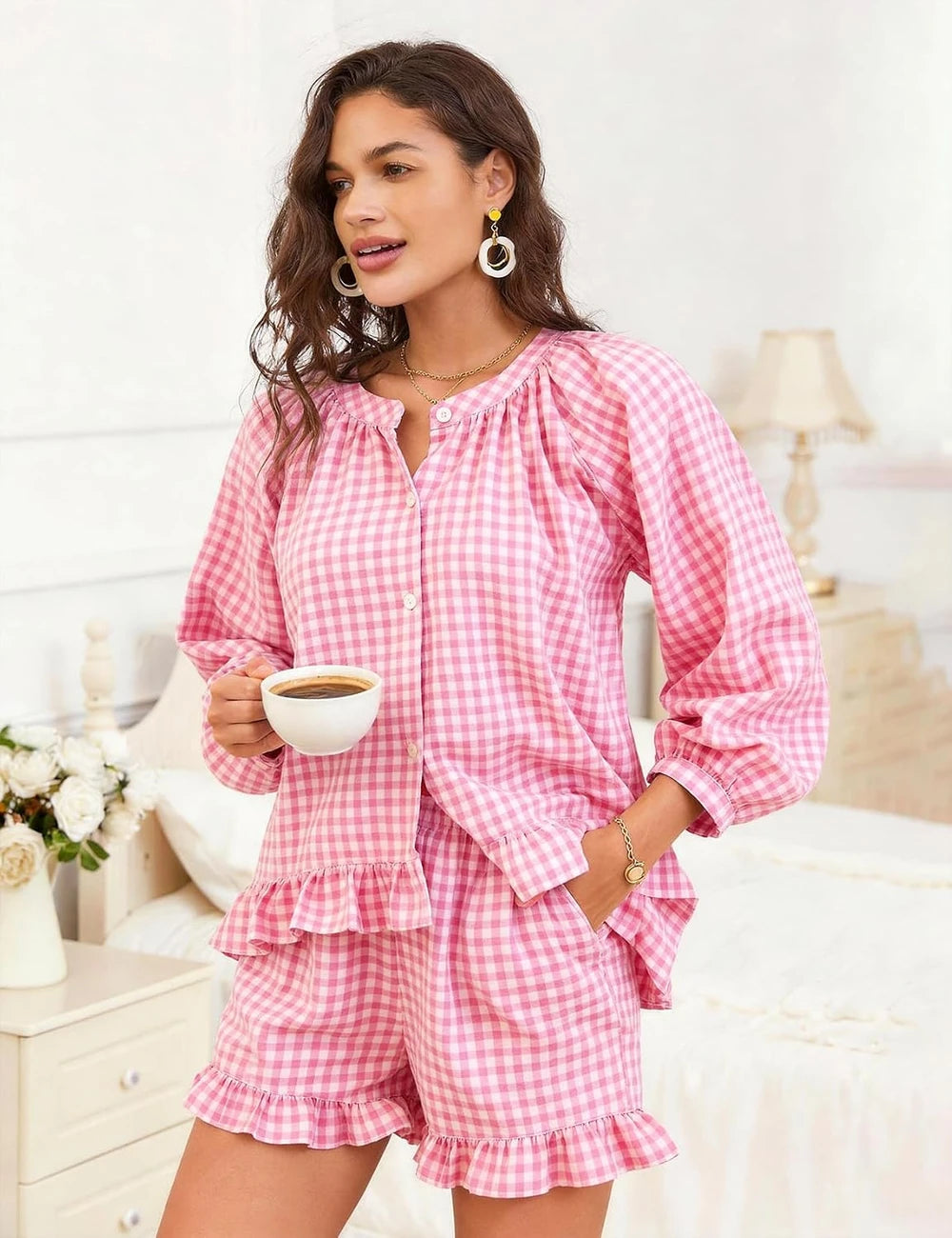 Gingham Cotton Ruffle Pajama Set