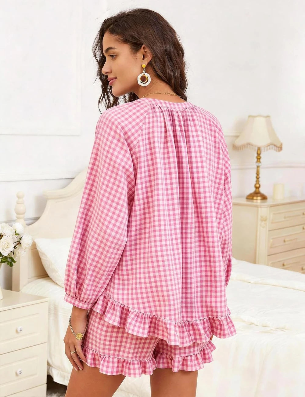 Gingham Cotton Ruffle Pajama Set