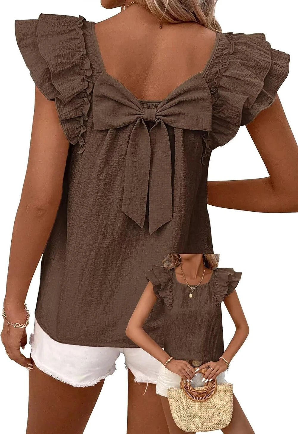 Womens Bow Tie Back Ruffle Top