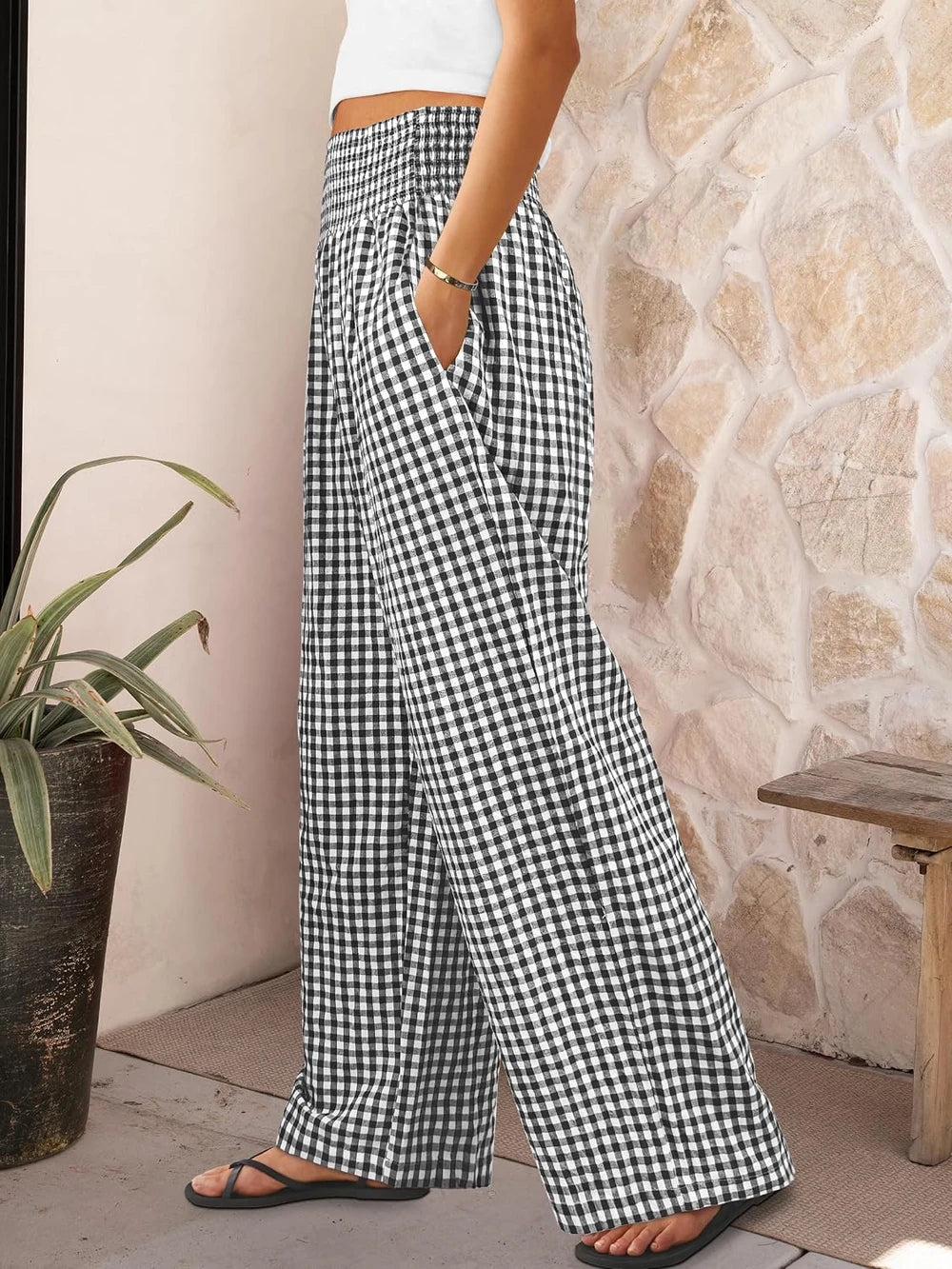 Striped Gingham Wide Leg Palazzo Pants