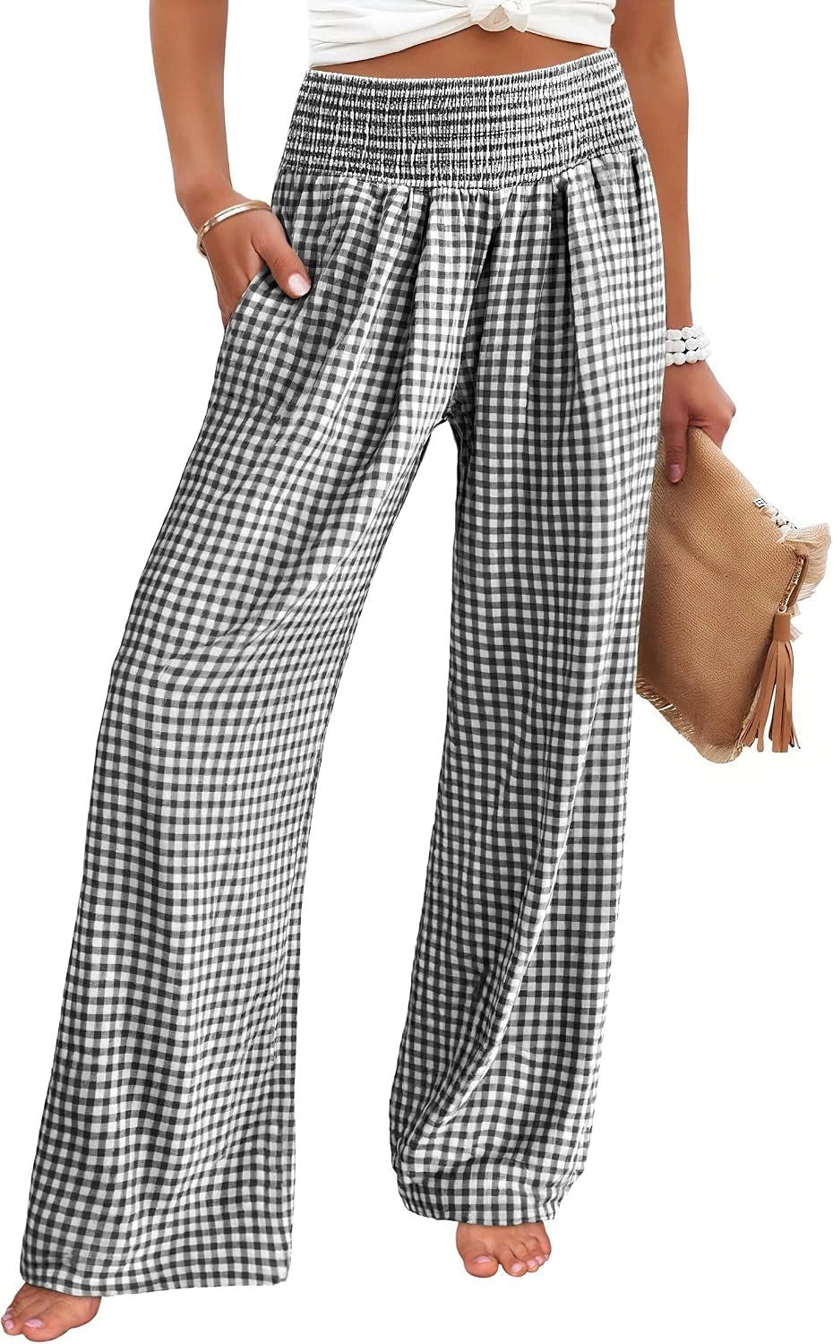Striped Gingham Wide Leg Palazzo Pants