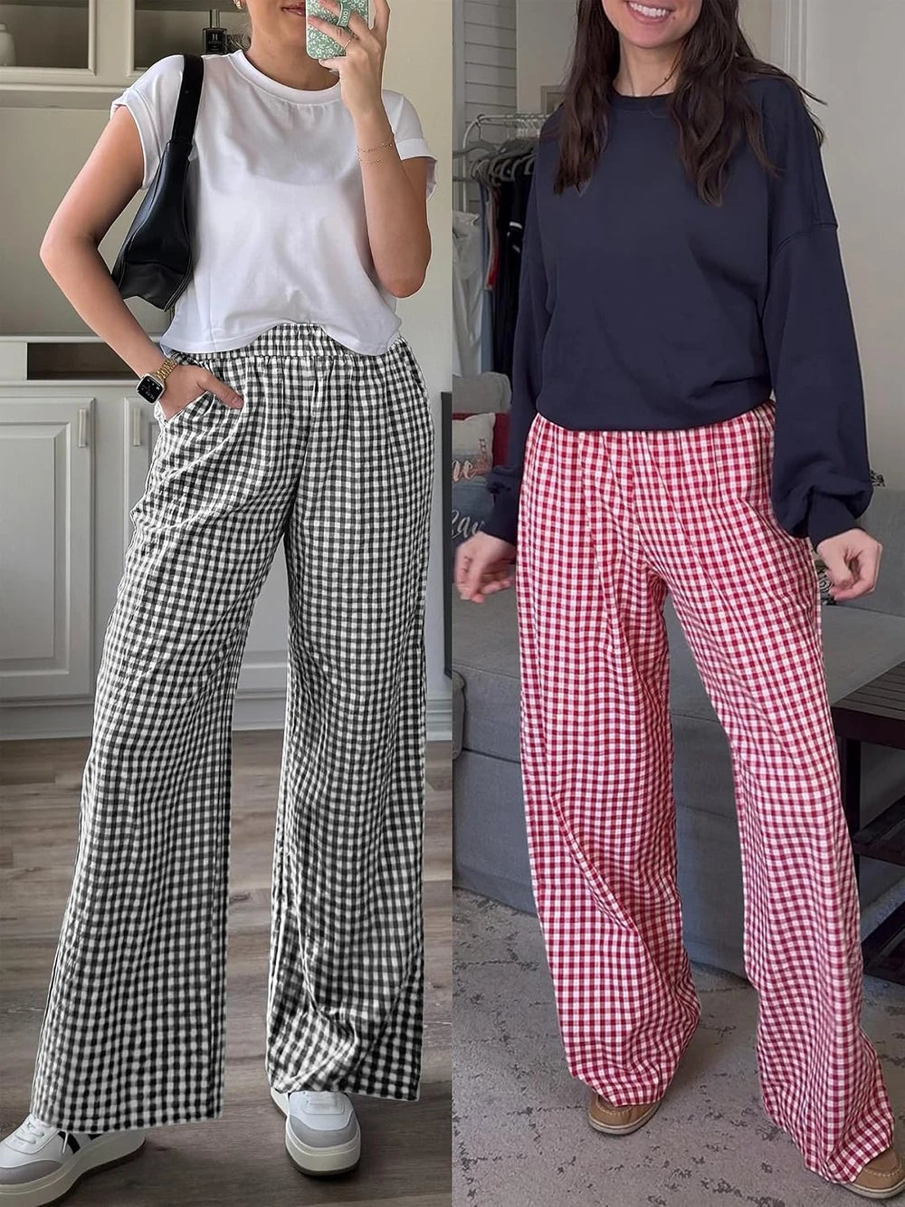 Striped Gingham Wide Leg Palazzo Pants