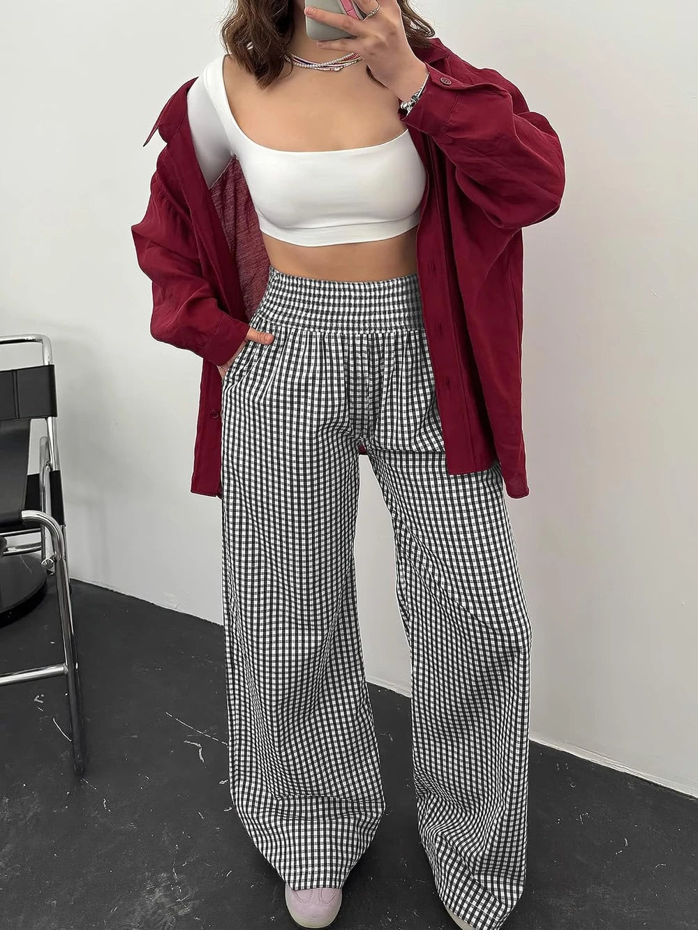 Striped Gingham Wide Leg Palazzo Pants