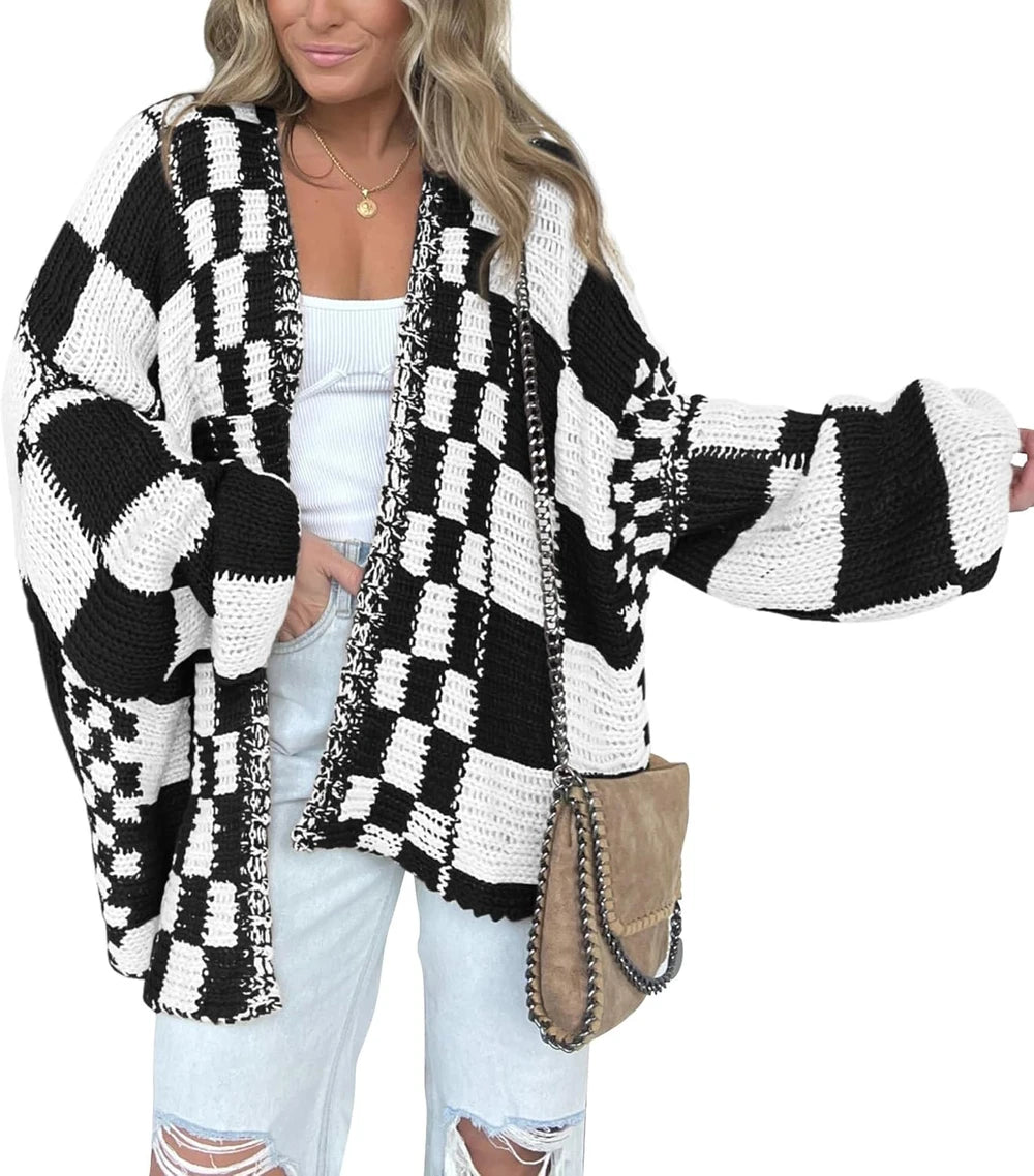 Checkered Ribbed Knit Cardigan